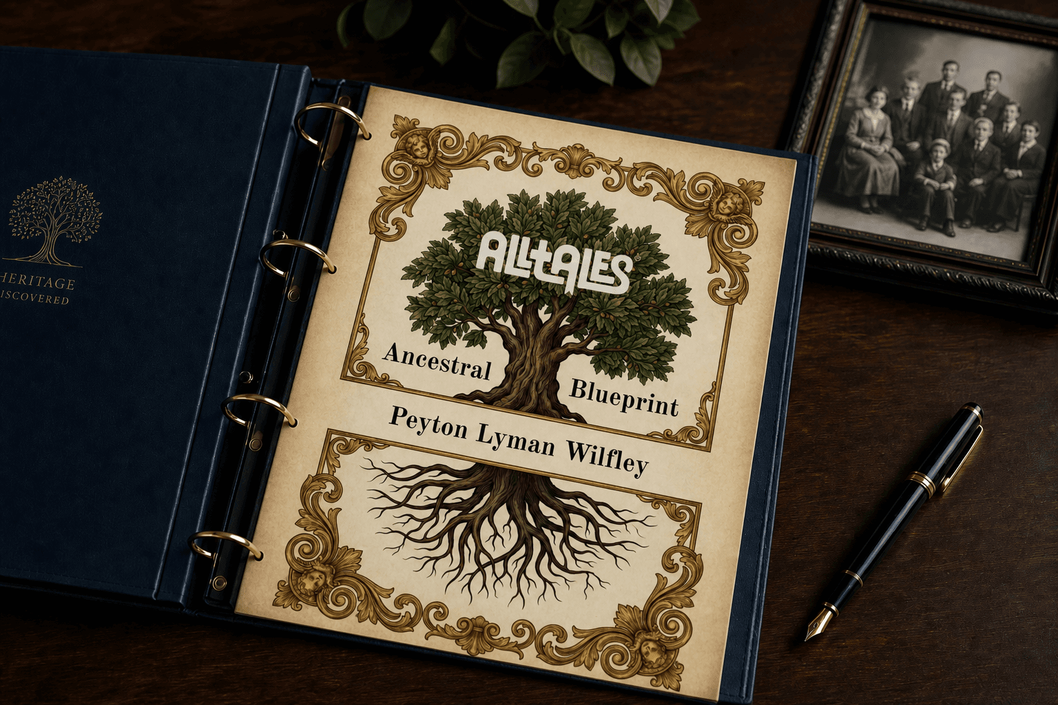 An open Ancestral Blueprint binder showing a family tree chart